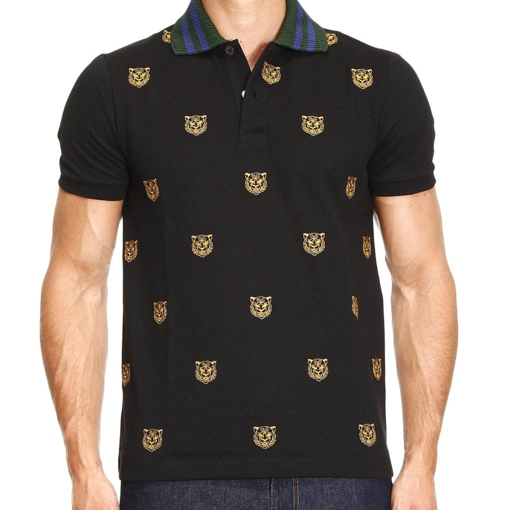 Gucci Black Polo with Gold Tiger Embroidery and Green-Blue Striped Collar